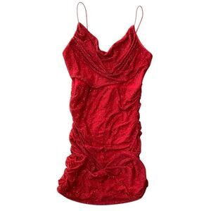 The Vintage Shop Red Stoned Strassed Ruched Cowl Neck Mini Dress NWT Size Small